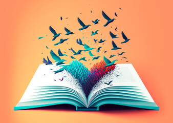 This illustration showcases a book releasing birds, symbolizing information and creativity. Bright and vibrant colors lend an air of energy and positivity. Generative AI