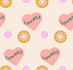 pattern with hearts and flowers retro stickers