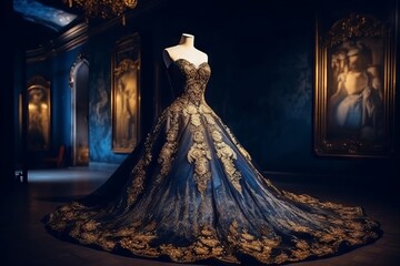 Evening (wedding) dress featuring gold embellishments. The dress exudes luxury and high fashion, with a color scheme of dark blue adorned with delicate golden speckles. Generative Ai, ai, generative