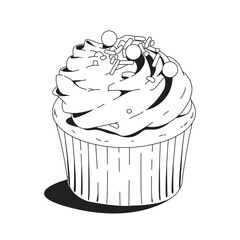 Cupcake isolated on white background. Black and white vector illustration.
