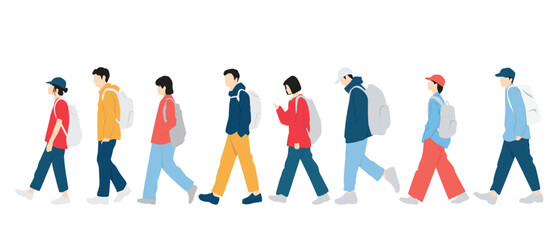  Set of young men and women, different colors, cartoon character, group of silhouettes of walking business people, students with backpack, the design concept of flat icon, isolated on white background