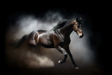 Obraz na płótnie Canvas Gorgeous horse galloping through the clouds of smoke and dust, stunning illustration generated by Ai