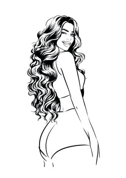 woman winking, long curly hair, black and white clip art preview