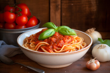 spaghetti with marinara sauce and basil - obrazy, fototapety, plakaty