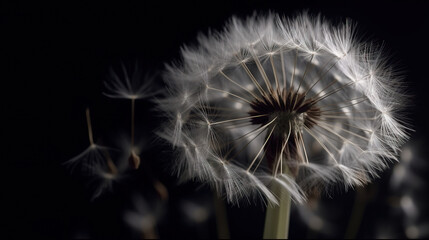 Beautiful white dandelion blown away by the wind, dramatic lighting. Photorealistic generative art