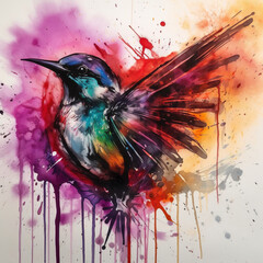 Beautiful bird and colorful paint drips and smudges. Abstract illustration. Generative art