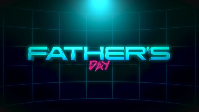 Fathers Day with retro grid and neon blue light in dark galaxy, motion holidays, retro and promo style background