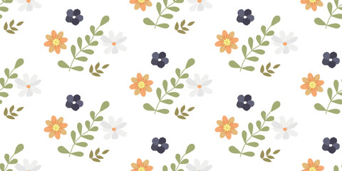 children's seamless pattern for printing on fabric and paper from delicate flowers and branches of leaves in pastel colors