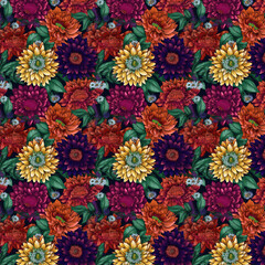 Fototapeta na wymiar Floral Fantasy Tulips, Roses Watercolor Seamless Pattern AI generated 