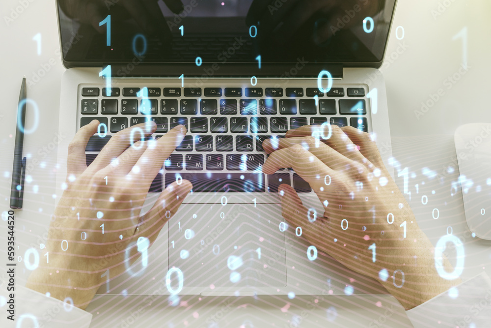 Fototapete Creative abstract binary code hologram and hands typing on computer keyboard on background, AI and machine learning concept. Multiexposure