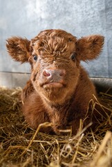 Vertcal shot of a Scottish Highland cow baby calf lying on the grass in the farmland