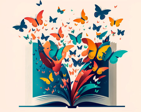 An open book releases a flock of butterflies symbolizing change and transformation. Bright colors create a sense of energy and positivity. Generative AI