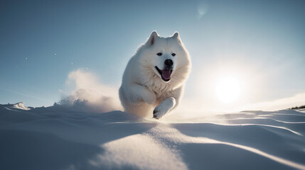 Obraz na płótnie Canvas White beautiful samoyed playing in the snow at sunny winter day. Photorealistic illustration generated by Ai