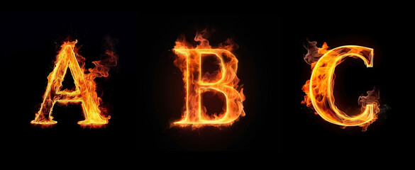 Alphabet capital letters A, B, C made with blazing fire flame. Generative art	