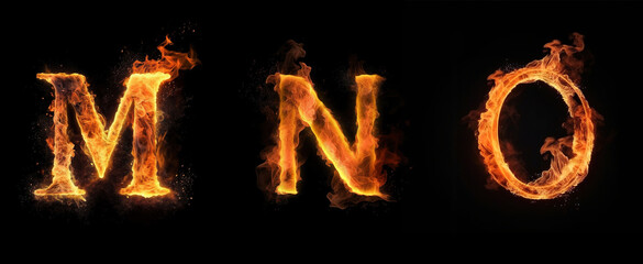 Alphabet capital letters M, N, O made with blazing fire flame. Generative art	
