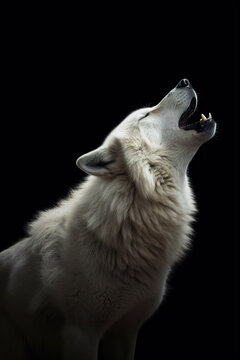 Gorgeous white wolf howling, stunning photorealistic portrait isolated on black background. Generative art