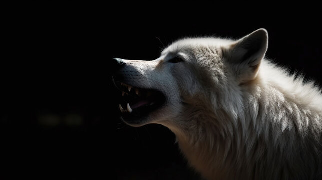 Gorgeous white wolf roars, stunning photorealistic portrait isolated on black background. Generative art