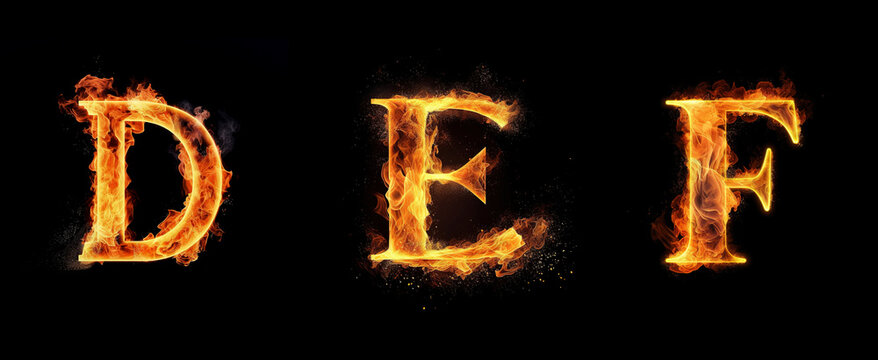 Alphabet capital letters D, E, F made with blazing fire flame. Generative art	