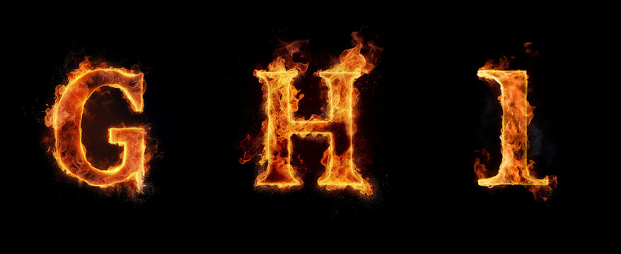 Alphabet capital letters G, H, I made with blazing fire flame. Generative art	