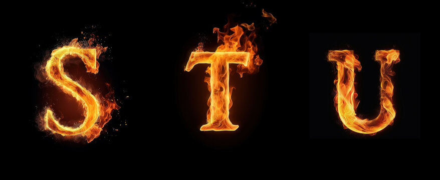 Alphabet capital letters S, T, U made with blazing fire flame. Generative art	
