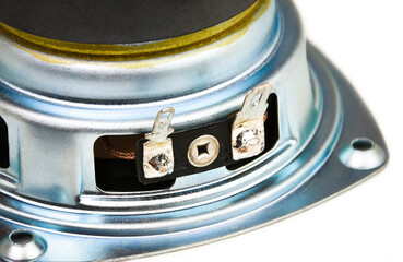 Close up of speaker lead wire connector of loudspeaker, Electronics part concept.