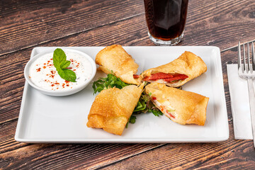Pacanga pastry with salad and yogurt sauce on a white porcelain plate