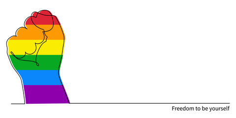 Clenched fist with LGBT flag rainbow one line art,hand drawn pride month decoration continuous contour.People's rights movement,diversity love time, outline design.Editable stroke.Isolated.Vector
