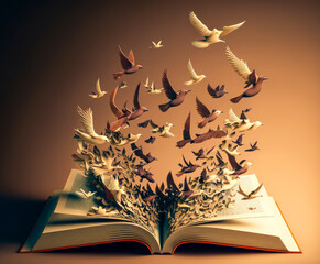 An open book releases a flock of birds, symbolizing knowledge, imagination and freedom. Realistic and colorful style with earthy and natural colors. Generative AI