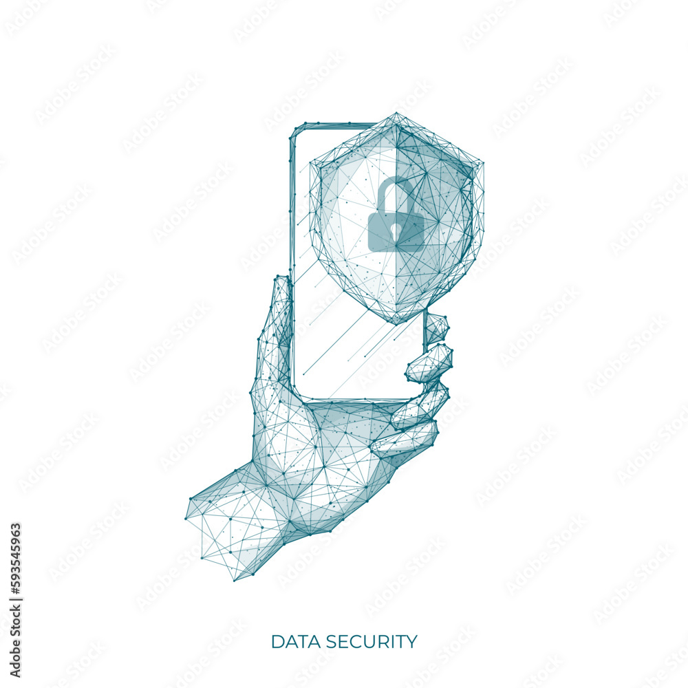 Poster Cellphone in a digital hand. Data security concept. Abstract human hand holding smartphone with shield and padlock on screen. Online protect and cyber security. Low poly wireframe vector illustration.