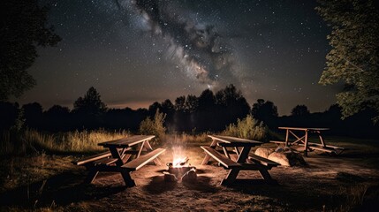 Outdoor camping tables and fireplace under a starry night warm sky peaceful place Generative AI Illustration