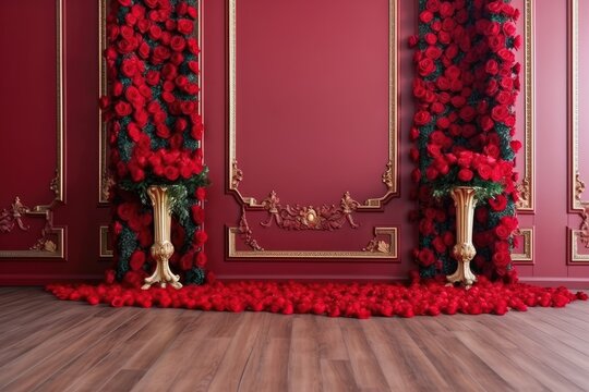Weeding valentine day love scenario background decorated with red roses Generative AI Illustration