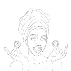 Young woman makes face mask, self care girl.