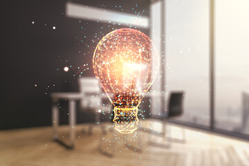 Creative light bulb illustration and modern desktop with pc on background, future technology concept. Multiexposure