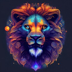 lion head in front. Lion head illustration. Lion, the head of a lion in a multi-colored flame. Abstract multicolored profile portrait of a lion head on a black background. Generative AI