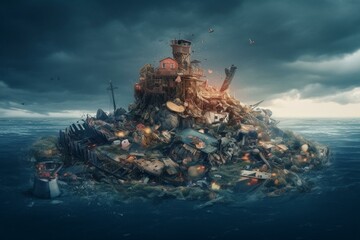 Naklejka na ściany i meble Conceptual image of an island of garbage floating in the ocean. Generative AI