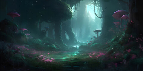 Obraz premium Dense dark fantasy forest with big trees and footpath. The magical atmosphere of the forest, fairy forest, magic light. AI generated