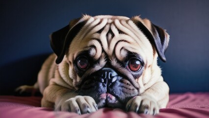 a pug puppy lying on a gray background