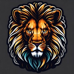 lion head in front. Lion head illustration. Lion, the head of a lion in a multi-colored flame. Abstract multicolored profile portrait of a lion head on a black background. Generative AI