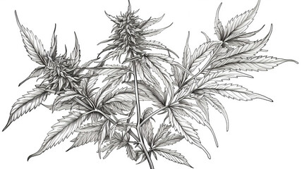 Black & White Hand Drawing Of Marijuana Flower On Isolated Background, Generative Ai