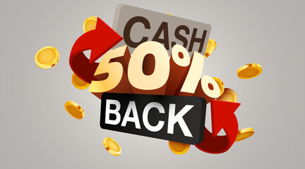 Cashback 50 percent icon isolated on the gray background. Cashback or money back label.