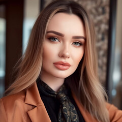 Portrait of a young long-haired beautiful modern woman. The woman represents both an independent and successful woman and can be used in beauty and fashion advertisements.