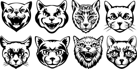 Heads of cats abstract character illustrations. Graphic design templates for emblem.
