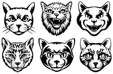 Fototapeta na wymiar Heads of cats abstract character illustrations. Graphic logo design templates for emblem.