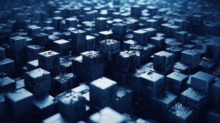 Fototapeta premium Gloomy steel cubes in a black web, 8k, 3d render