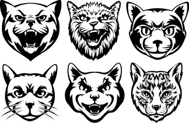 Heads of cats abstract character illustrations. Graphic logo design templates for emblem.