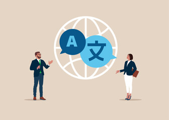 Online translator. People multi language communication. Linguist. Flat vector illustration