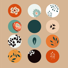 Vector set of icons for advertising in social networks in beige shades with stylized simple flowers