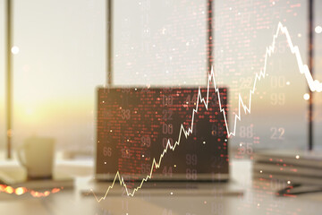 Multi exposure of abstract financial diagram with world map on computer background, banking and accounting concept
