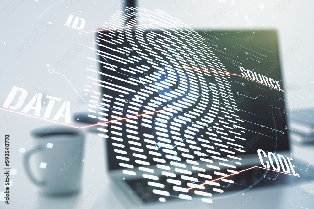 Aufkleber Multi exposure of abstract fingerprint scan interface on computer background, digital access concept