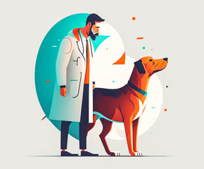 Dynamic illustration of interaction between a veterinarian and a dog, reflecting confidence in the veterinarian's professionalism and empathy. Generative AI